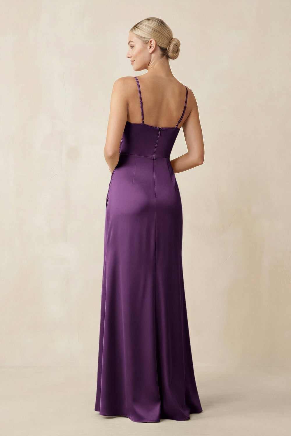 Cami Strap Ruched Satin Sheath Bridesmaid Dress in Plum