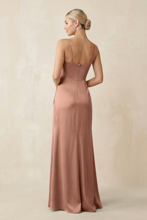 Cami Strap Ruched Satin Sheath Bridesmaid Dress in Rosette - KISS BRIDAL Bridesmaid Dresses