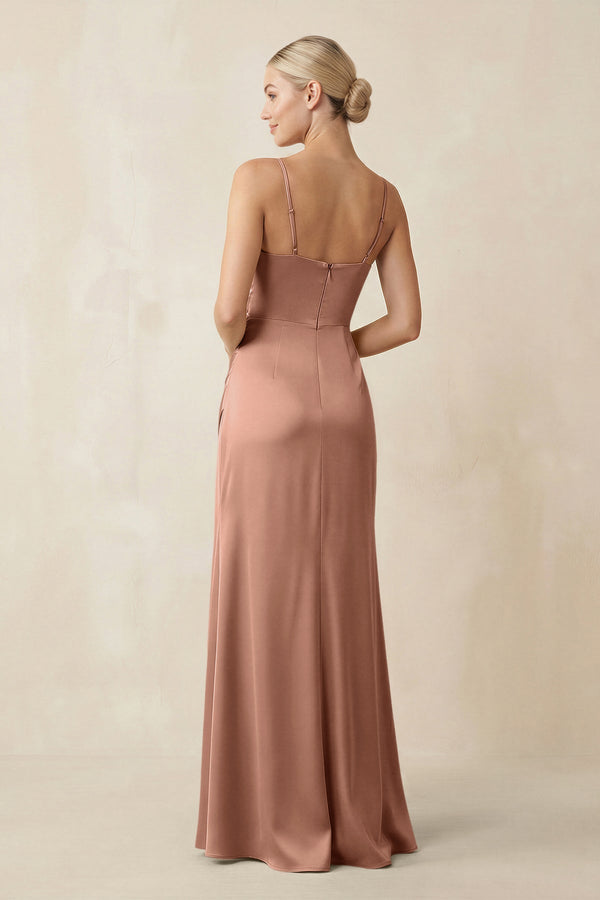 Cami Strap Ruched Satin Sheath Bridesmaid Dress in Rosette - KISS BRIDAL Bridesmaid Dresses