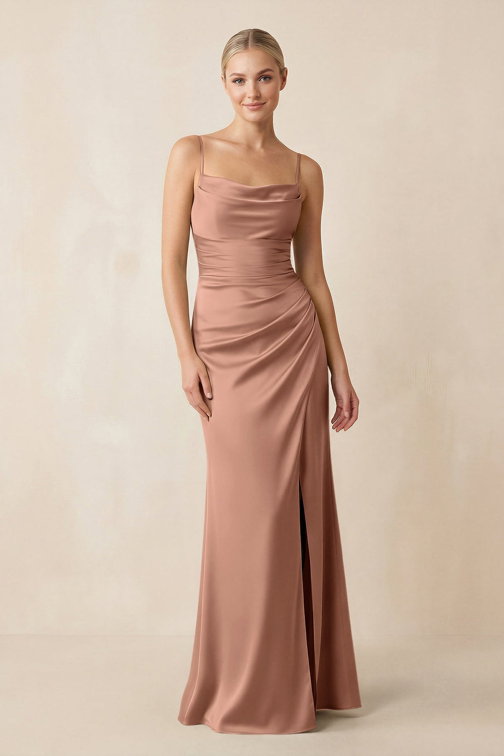 Cami Strap Ruched Satin Sheath Bridesmaid Dress in Rosette