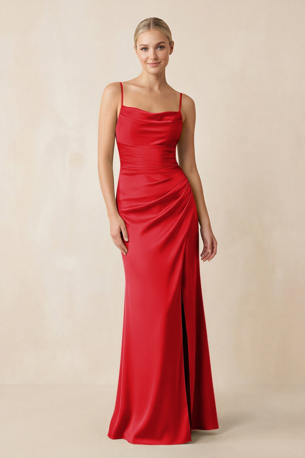 Cami Strap Ruched Satin Sheath Bridesmaid Dress in Ruby Red