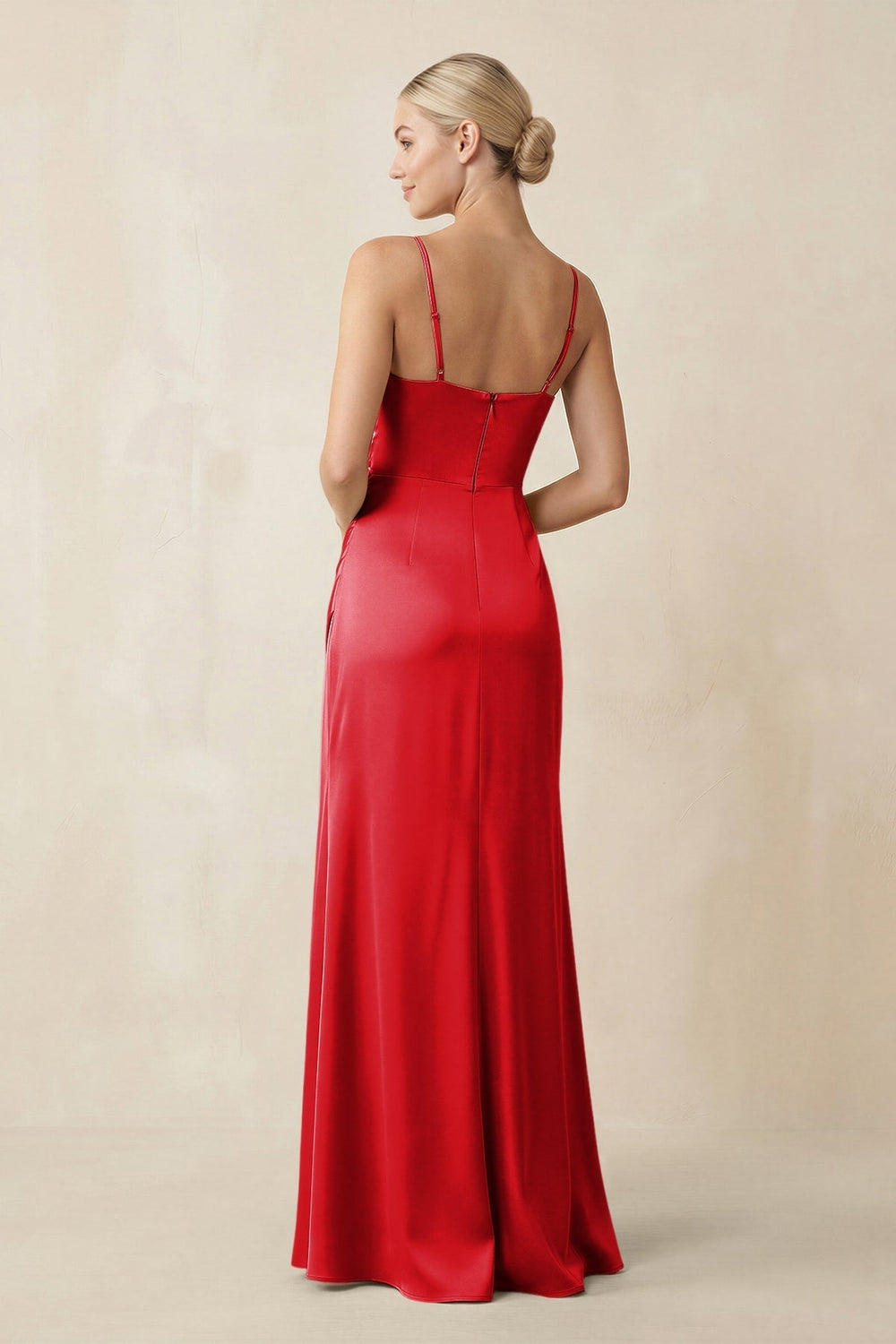Cami Strap Ruched Satin Sheath Bridesmaid Dress in Ruby Red