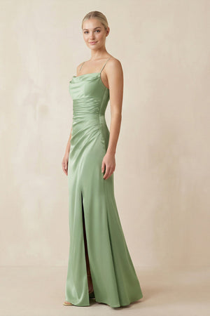 Cami Strap Ruched Satin Sheath Bridesmaid Dress in Sage - KISS BRIDAL Bridesmaid Dresses