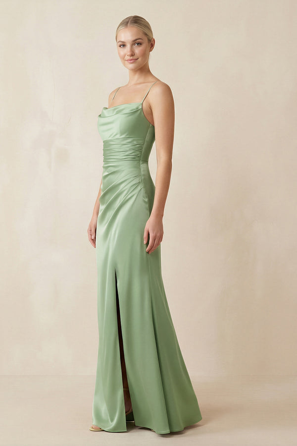 Cami Strap Ruched Satin Sheath Bridesmaid Dress in Sage - KISS BRIDAL Bridesmaid Dresses