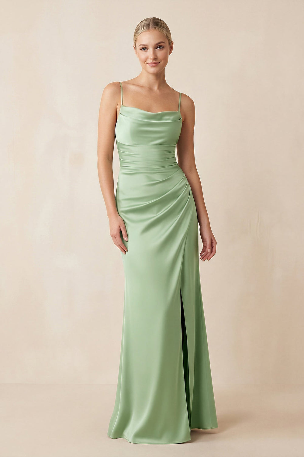 Cami Strap Ruched Satin Sheath Bridesmaid Dress in Sage