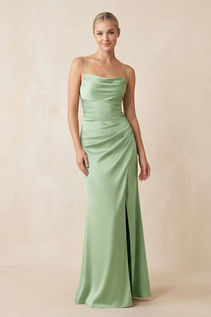 Cami Strap Ruched Satin Sheath Bridesmaid Dress in Sage - KISS BRIDAL Bridesmaid Dresses