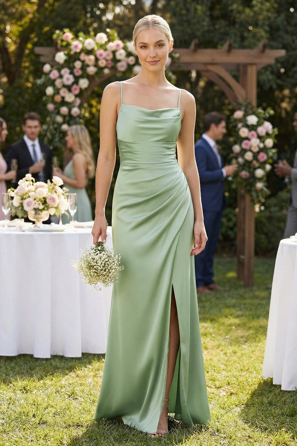 Cami Strap Ruched Satin Sheath Bridesmaid Dress in Sage - KISS BRIDAL Bridesmaid Dresses
