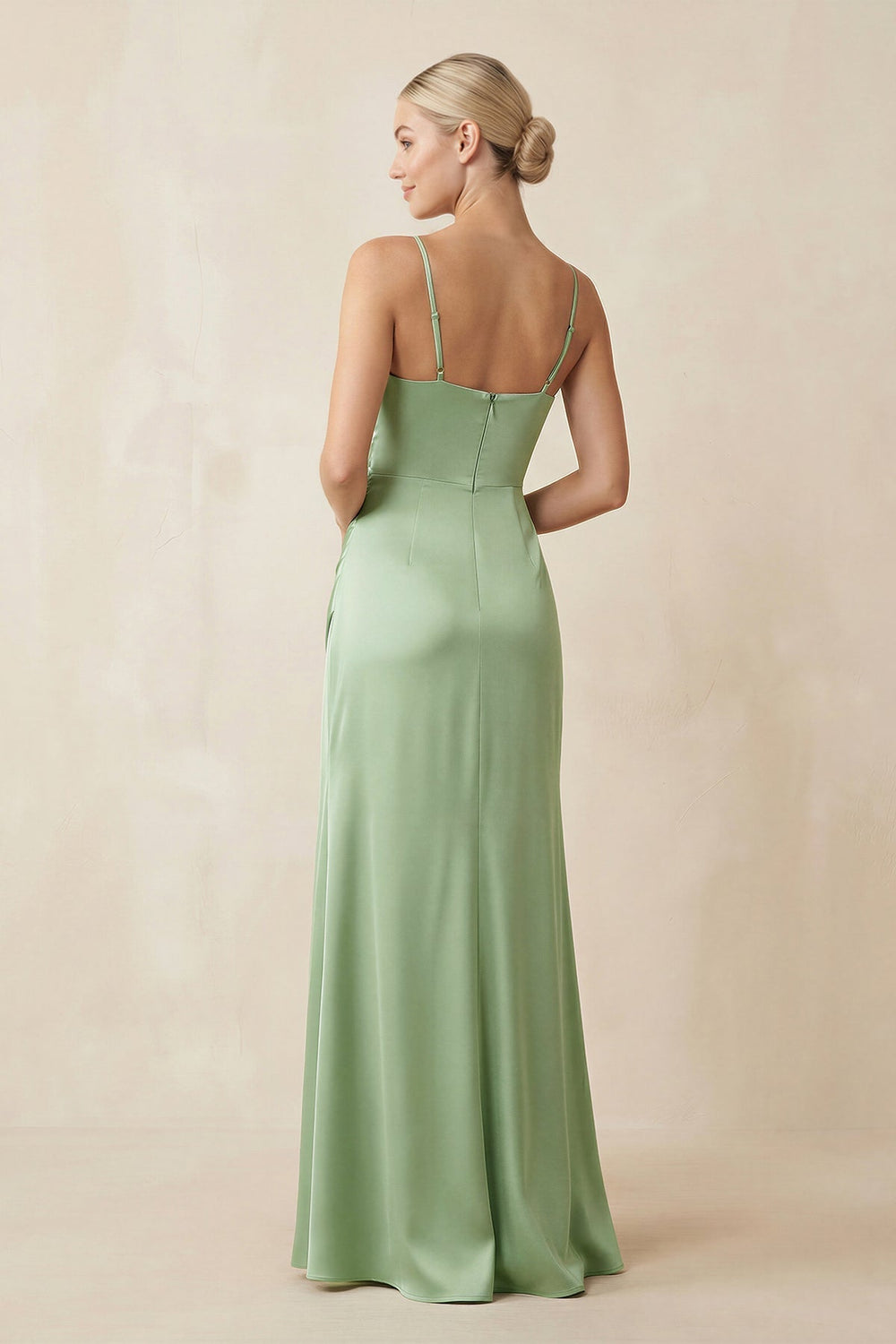 Cami Strap Ruched Satin Sheath Bridesmaid Dress in Sage