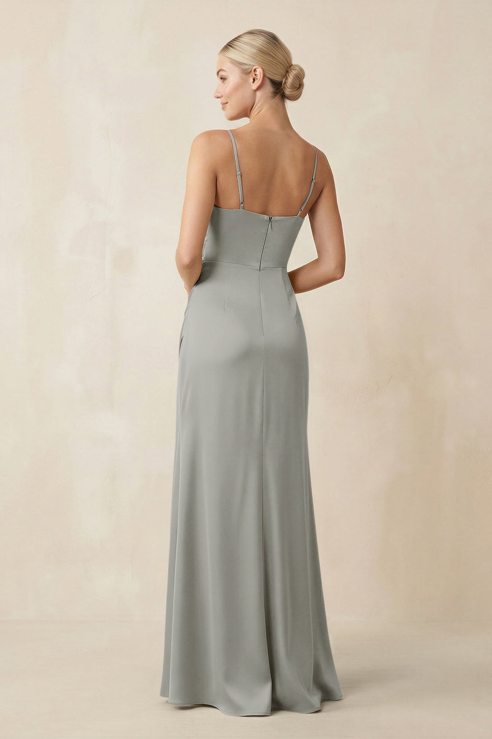 Cami Strap Ruched Satin Sheath Bridesmaid Dress in Silver