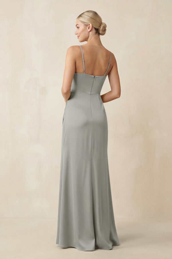 Cami Strap Ruched Satin Sheath Bridesmaid Dress in Silver - KISS BRIDAL Bridesmaid Dresses