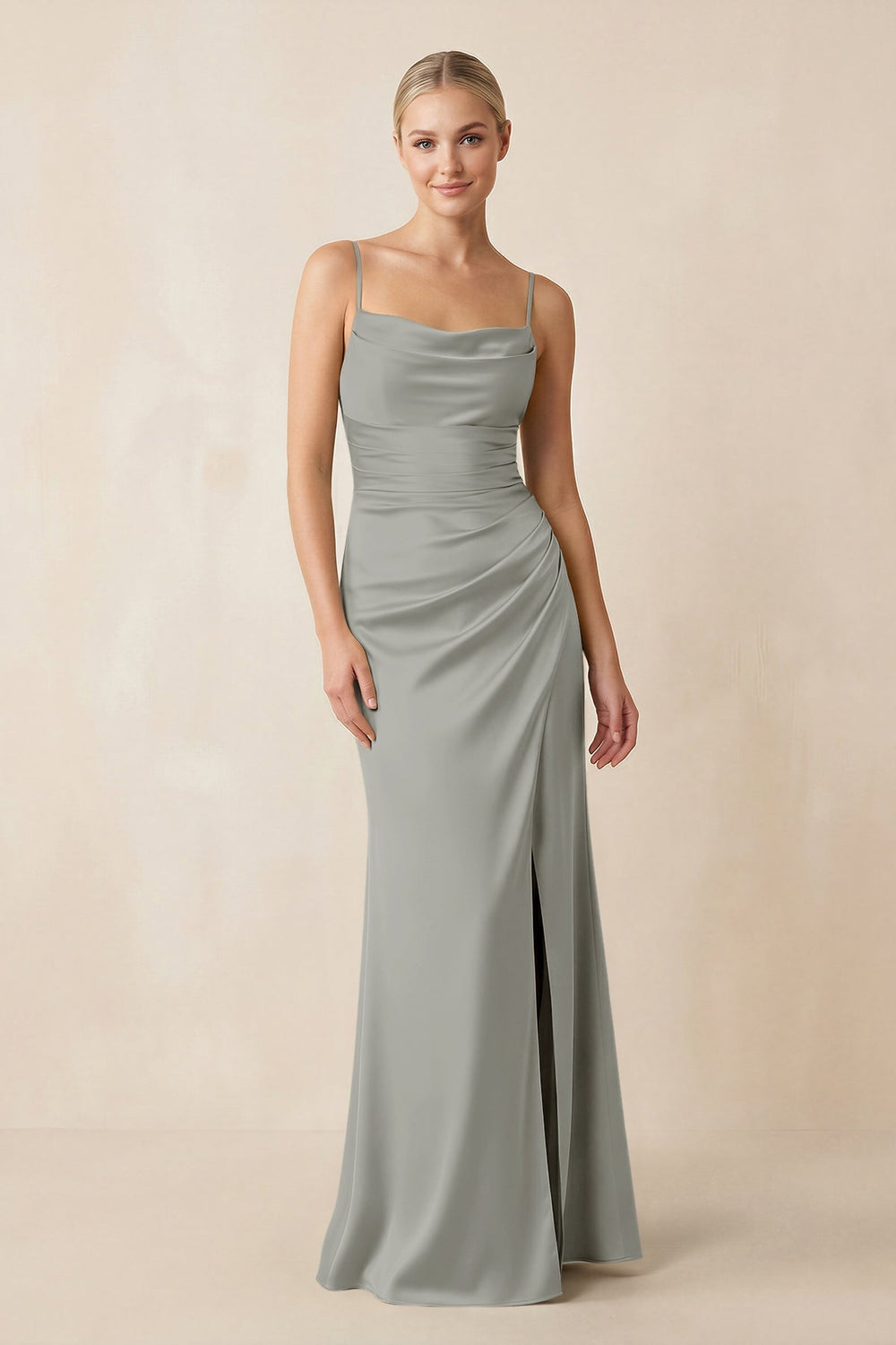 Cami Strap Ruched Satin Sheath Bridesmaid Dress in Silver