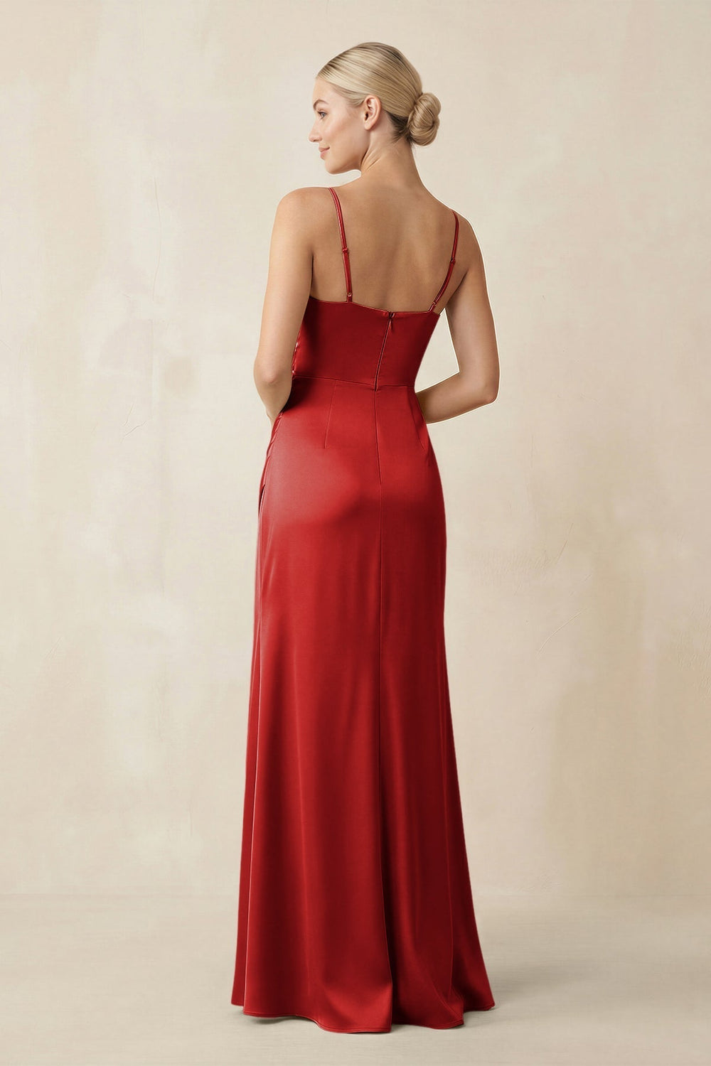 Cami Strap Ruched Satin Sheath Bridesmaid Dress in Spice