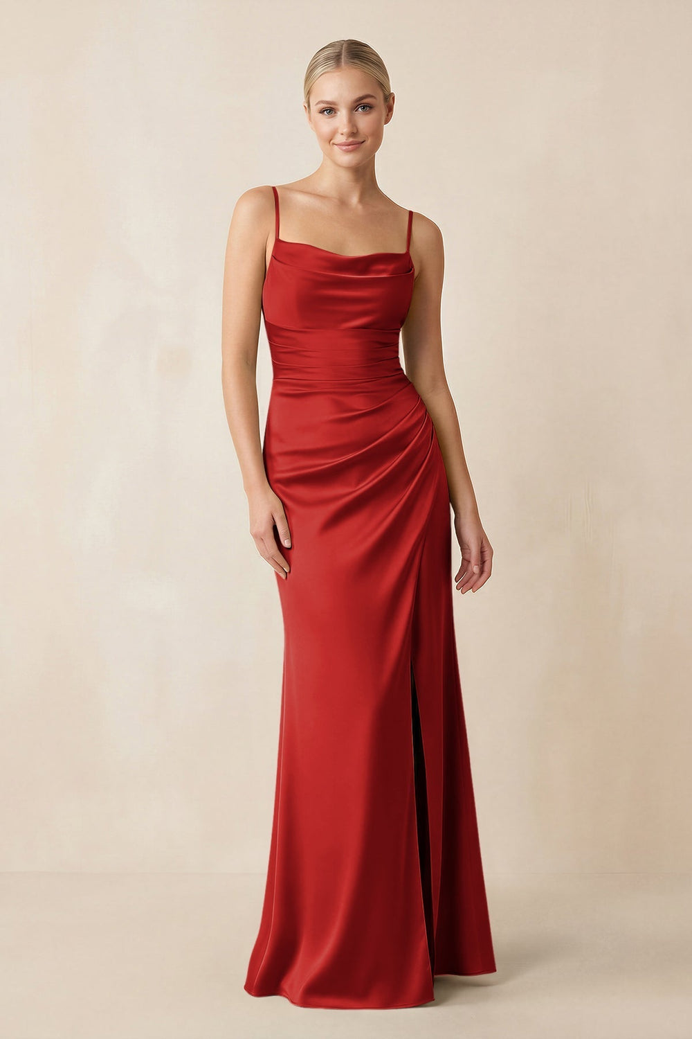 Cami Strap Ruched Satin Sheath Bridesmaid Dress in Spice