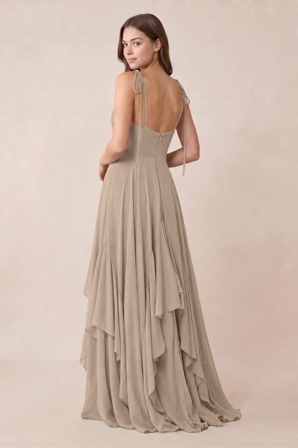 Cami Strap Ruffled A-Line Chiffon Bridesmaid Dress in Almond (2) | KISSBRIDAL