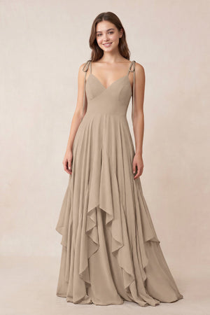 Cami Strap Ruffled A-Line Chiffon Bridesmaid Dress in Almond | KISSBRIDAL