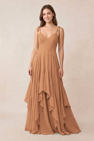 Cami Strap Ruffled A - Line Chiffon Bridesmaid Dress in Bronzer - KISS BRIDAL Bridesmaid Dresses