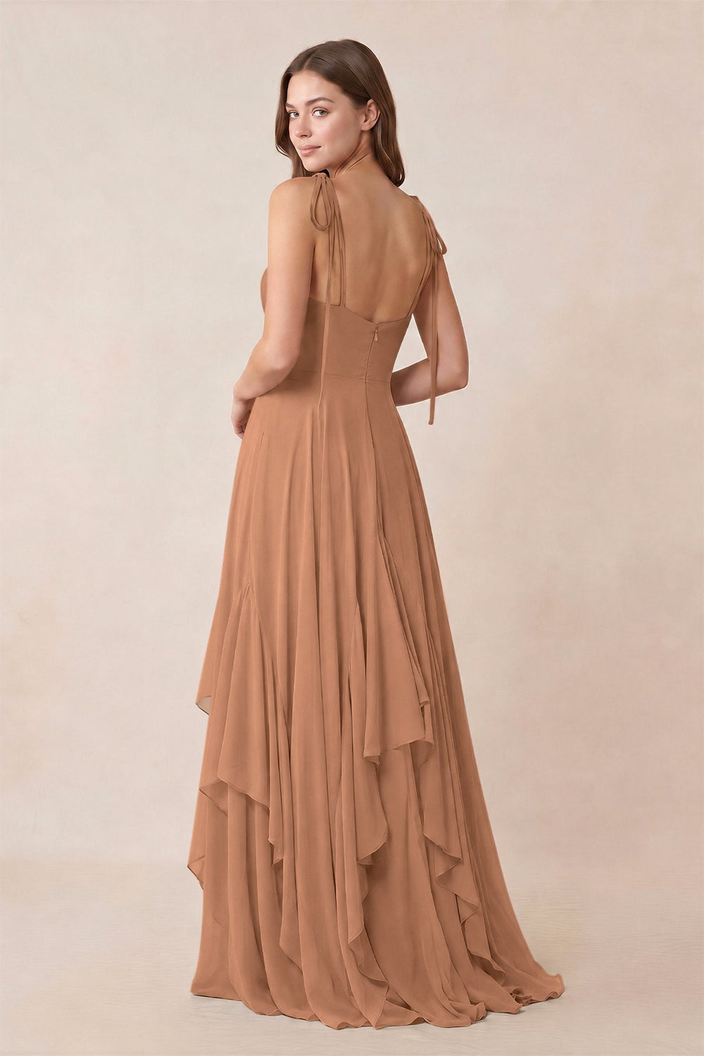 Cami Strap Ruffled A-Line Chiffon Bridesmaid Dress in Bronzer