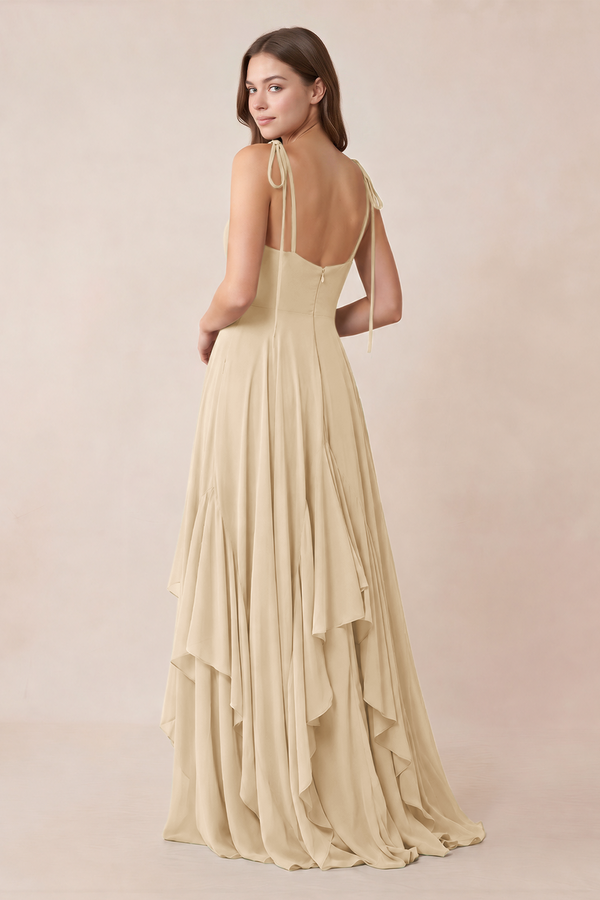 Cami Strap Ruffled A-Line Chiffon Bridesmaid Dress in Champagne (2) | KISSBRIDAL