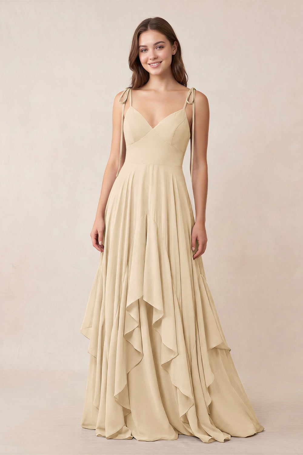 Cami Strap Ruffled A-Line Chiffon Bridesmaid Dress in Champagne