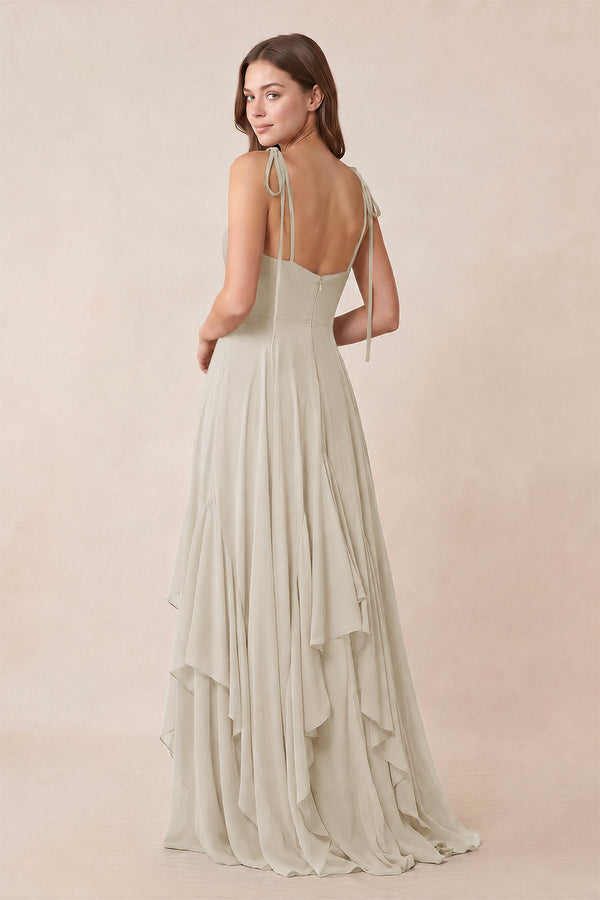 Cami Strap Ruffled A - Line Chiffon Bridesmaid Dress in Dove Gray - KISS BRIDAL Bridesmaid Dresses