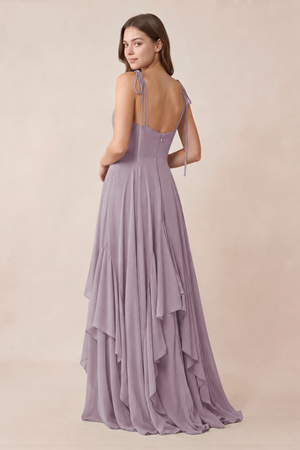 Cami Strap Ruffled A-Line Chiffon Bridesmaid Dress in Dusk (2) | KISSBRIDAL