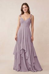 Cami Strap Ruffled A-Line Chiffon Bridesmaid Dress in Dusk | KISSBRIDAL
