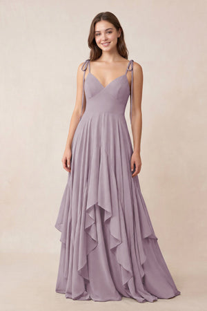 Cami Strap Ruffled A-Line Chiffon Bridesmaid Dress in Dusk | KISSBRIDAL