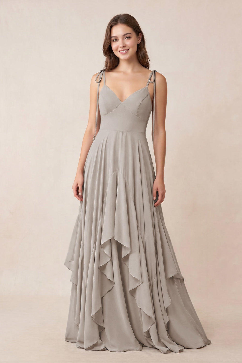 Cami Strap Ruffled A-Line Chiffon Bridesmaid Dress in Frost