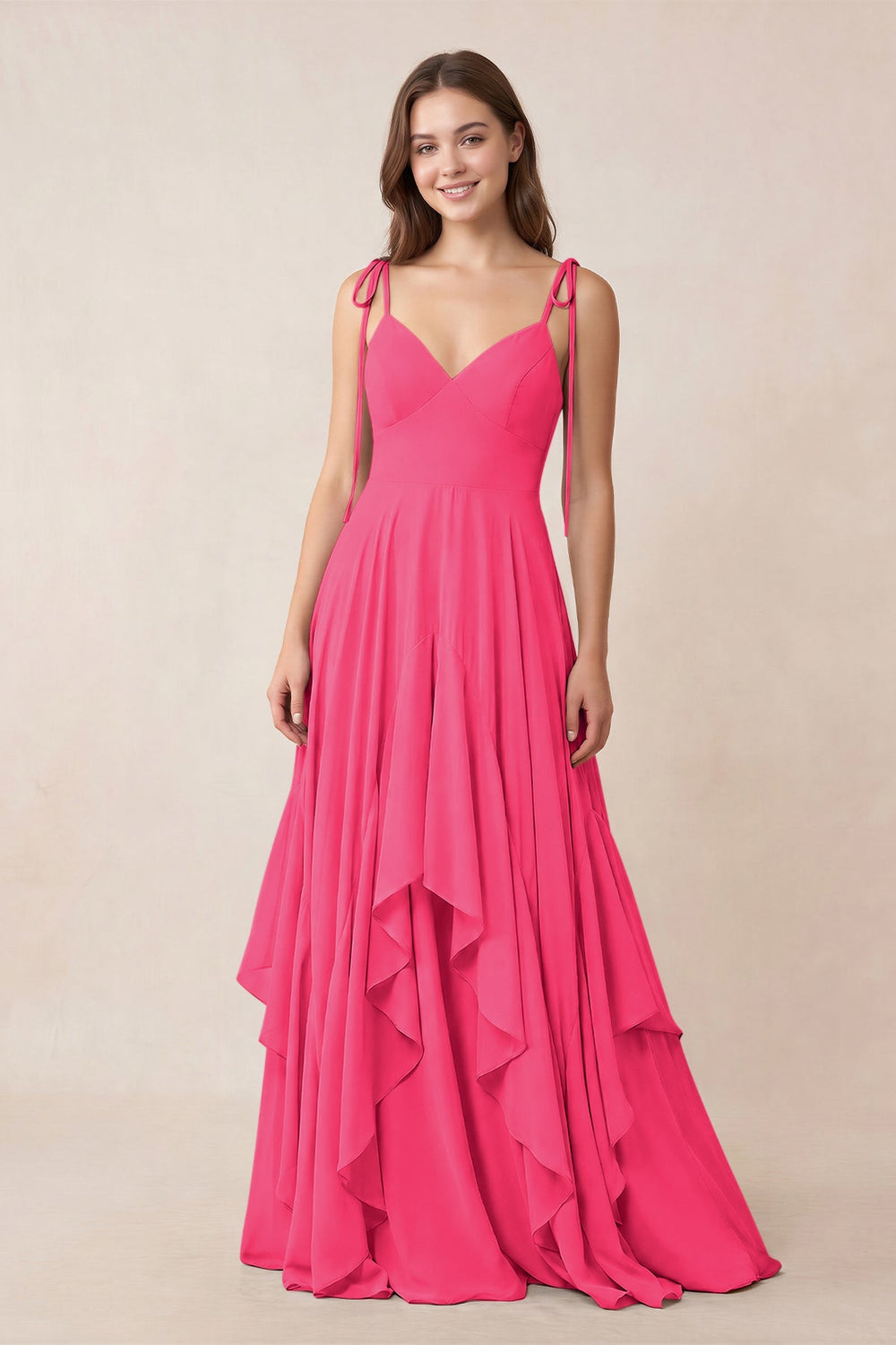 Cami Strap Ruffled A-Line Chiffon Bridesmaid Dress in Fuchsia