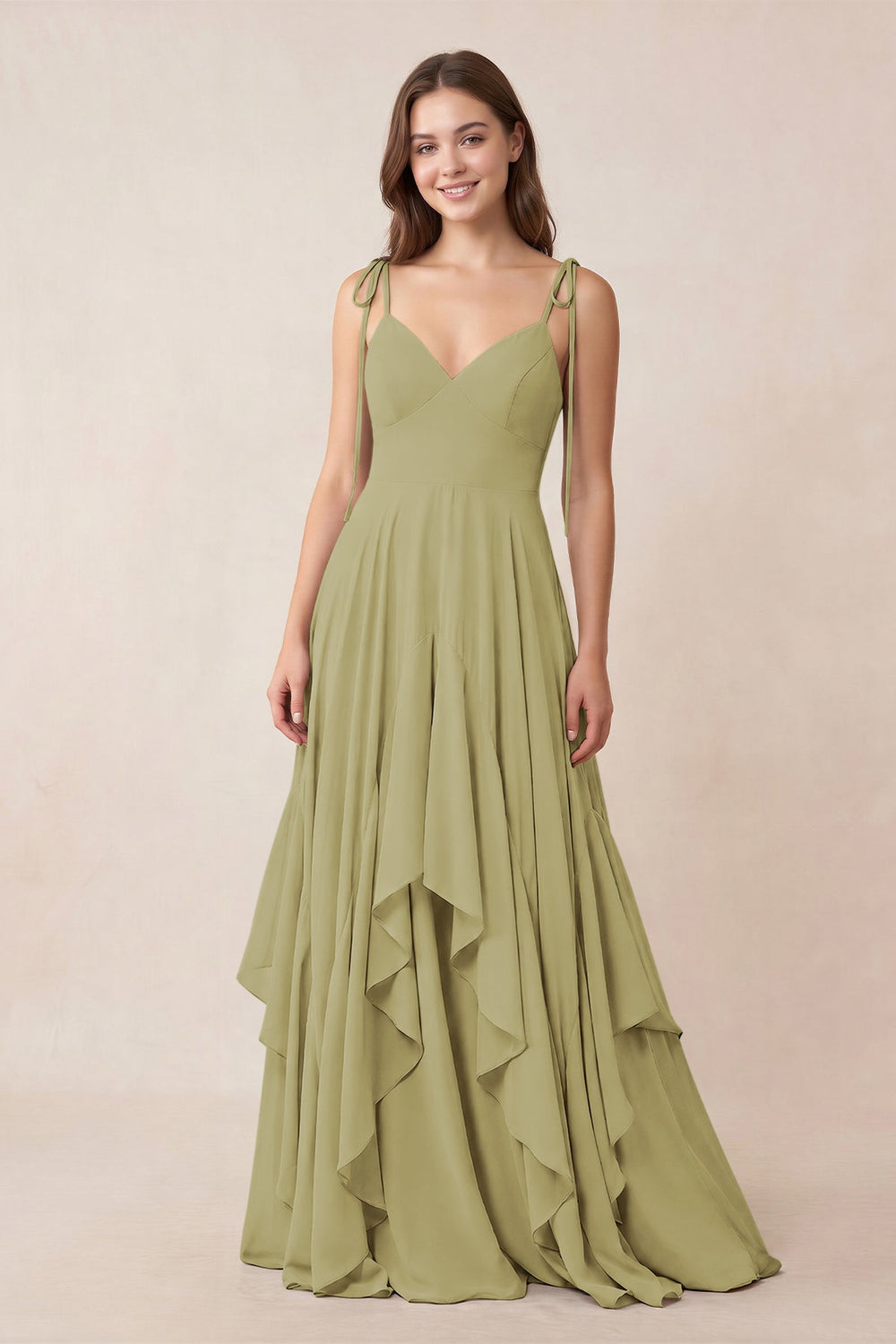 Cami Strap Ruffled A-Line Chiffon Bridesmaid Dress in Moss Green