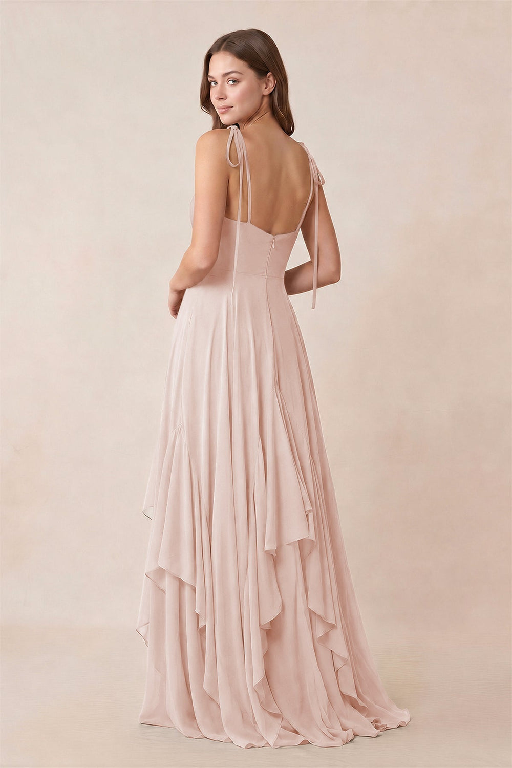 Cami Strap Ruffled A-Line Chiffon Bridesmaid Dress in Pale Blush