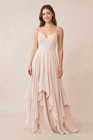Cami Strap Ruffled A - Line Chiffon Bridesmaid Dress in Pale Blush - KISS BRIDAL Bridesmaid Dresses