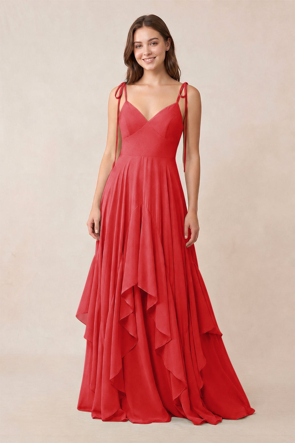Cami Strap Ruffled A-Line Chiffon Bridesmaid Dress in Ruby Red