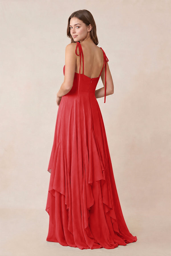 Cami Strap Ruffled A - Line Chiffon Bridesmaid Dress in Ruby Red - KISS BRIDAL Bridesmaid Dresses