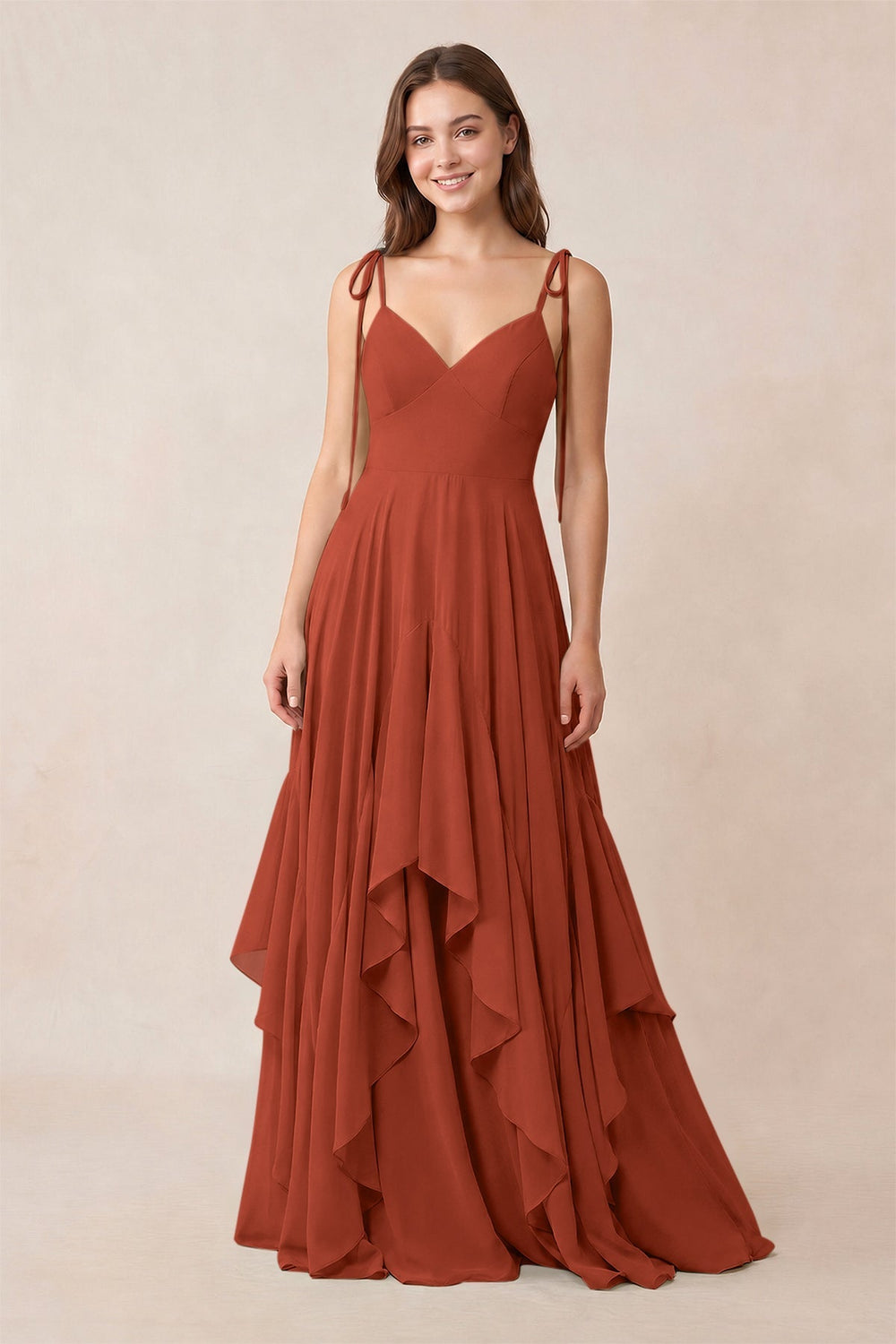 Cami Strap Ruffled A-Line Chiffon Bridesmaid Dress in Spice