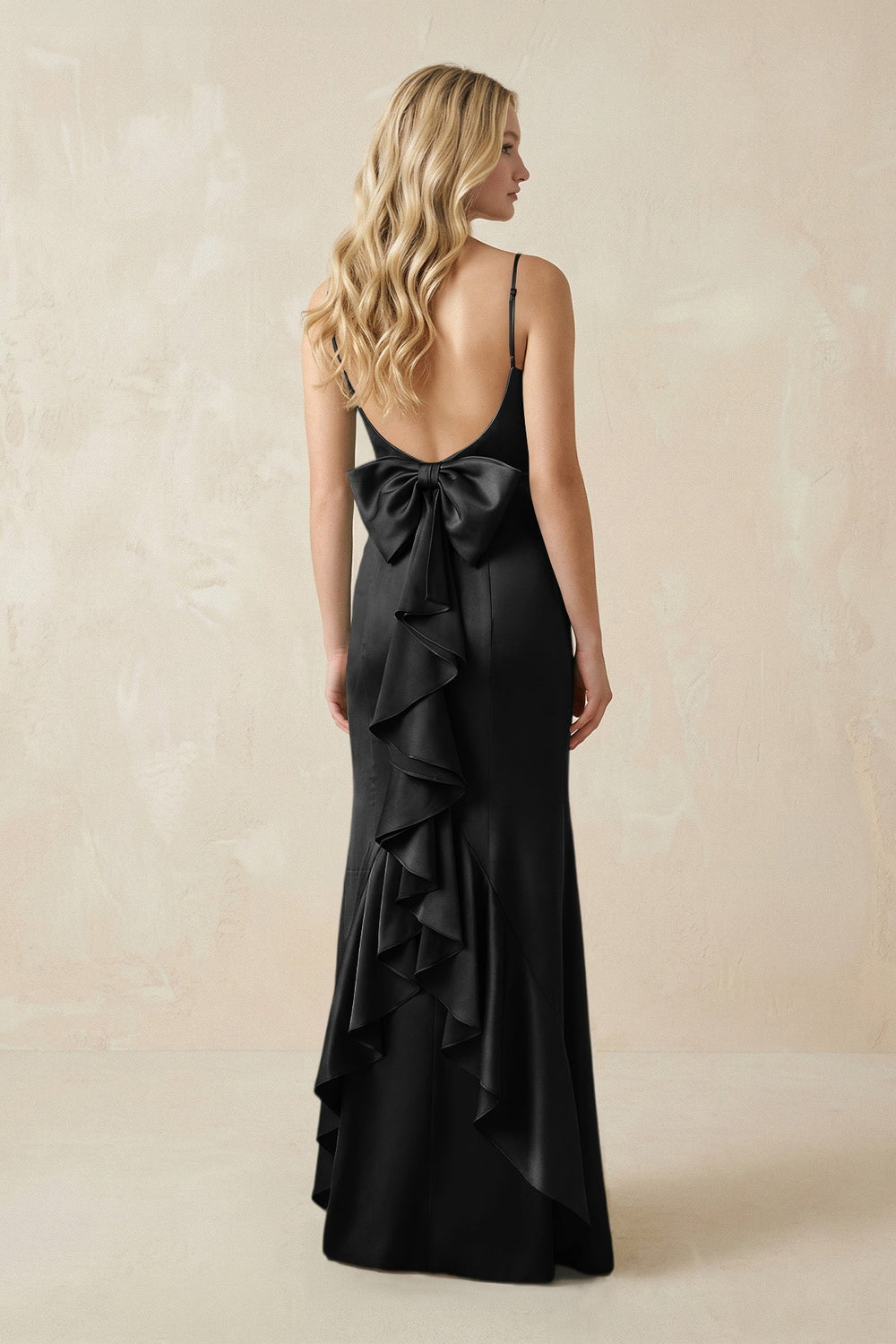 Cami Strap Ruffled Satin Bridesmaid Dress With Bow in Black