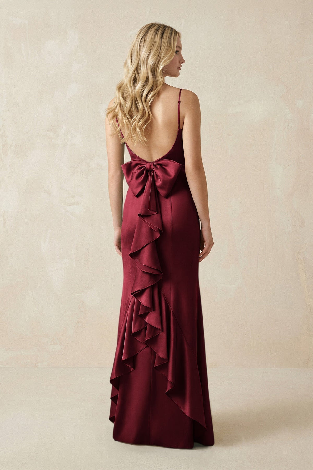 Cami Strap Ruffled Satin Bridesmaid Dress With Bow in Burgundy