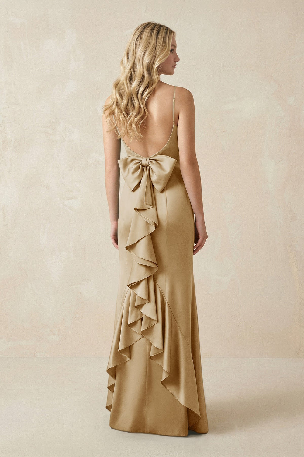 Cami Strap Ruffled Satin Bridesmaid Dress With Bow in Champagne