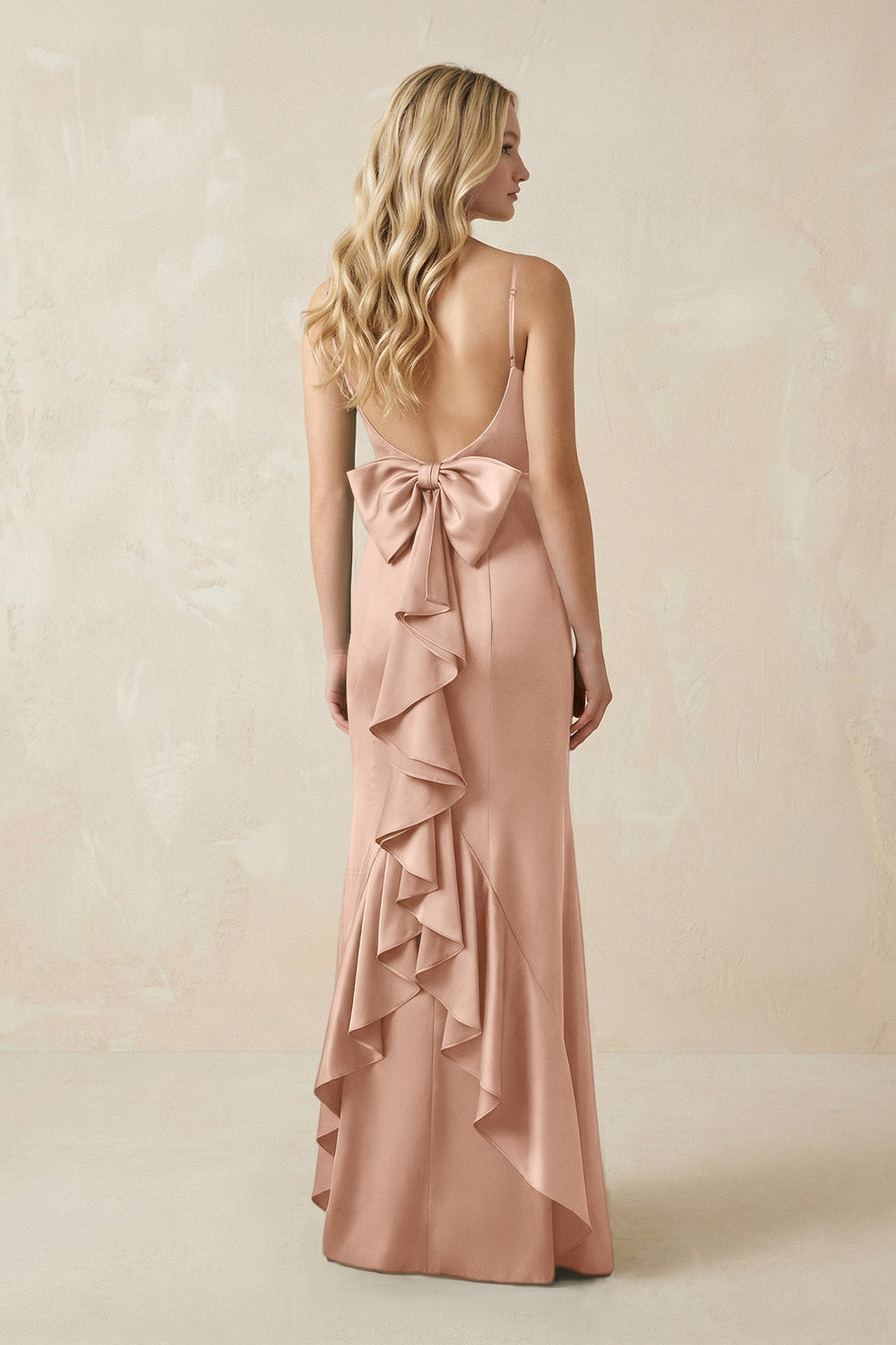 Cami Strap Ruffled Satin Bridesmaid Dress With Bow in Champagne Rose