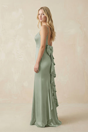 Cami Strap Ruffled Satin Bridesmaid Dress With Bow in Dove Gray - KISS BRIDAL Bridesmaid Dresses