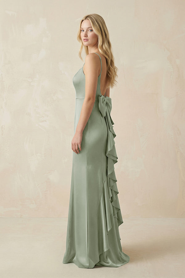 Cami Strap Ruffled Satin Bridesmaid Dress With Bow in Dove Gray - KISS BRIDAL Bridesmaid Dresses