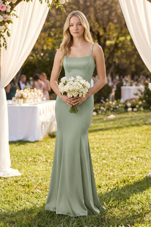 Cami Strap Ruffled Satin Bridesmaid Dress With Bow in Dove Gray - KISS BRIDAL Bridesmaid Dresses