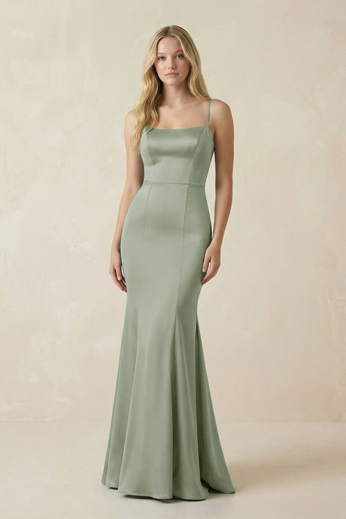 Cami Strap Ruffled Satin Bridesmaid Dress With Bow in Dove Gray - KISS BRIDAL Bridesmaid Dresses