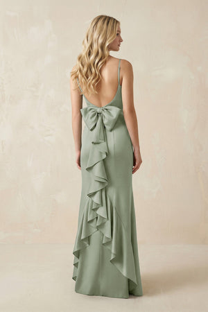 Cami Strap Ruffled Satin Bridesmaid Dress With Bow in Dove Gray - KISS BRIDAL Bridesmaid Dresses
