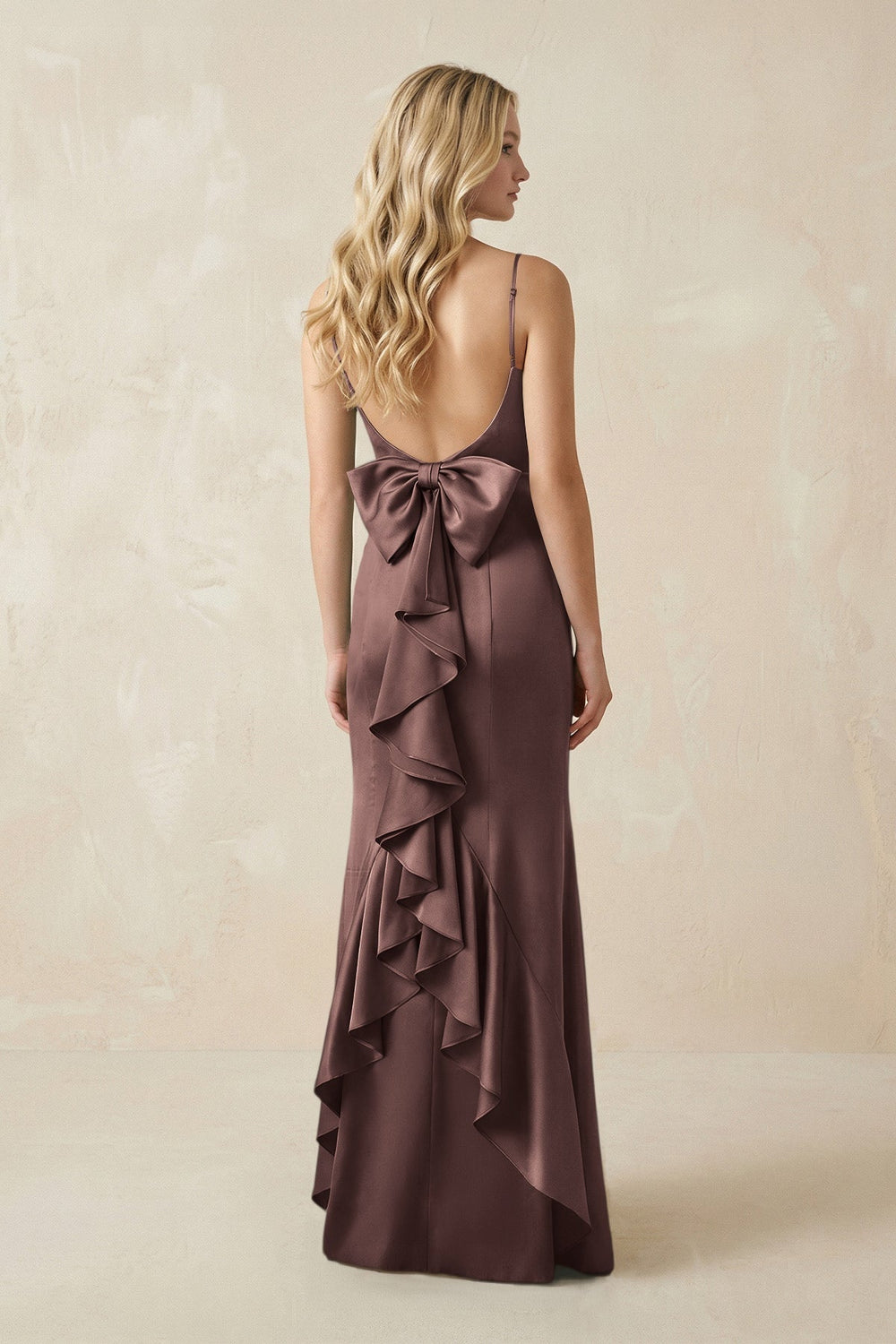 Cami Strap Ruffled Satin Bridesmaid Dress With Bow in Espresso