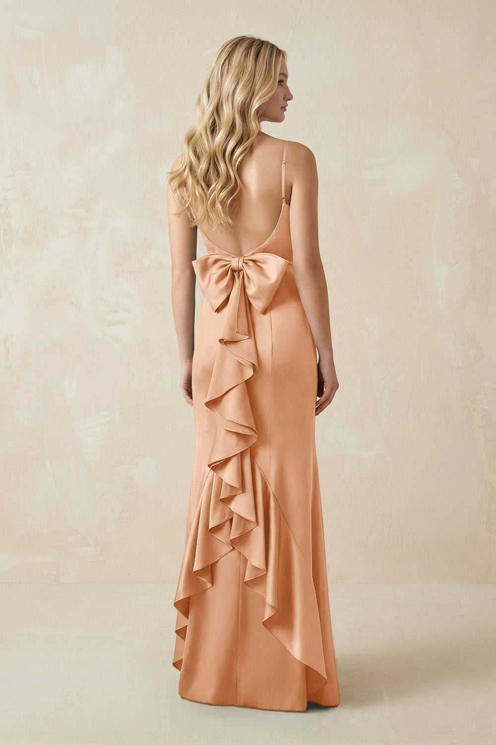 Cami Strap Ruffled Satin Bridesmaid Dress With Bow in Golden Champagne