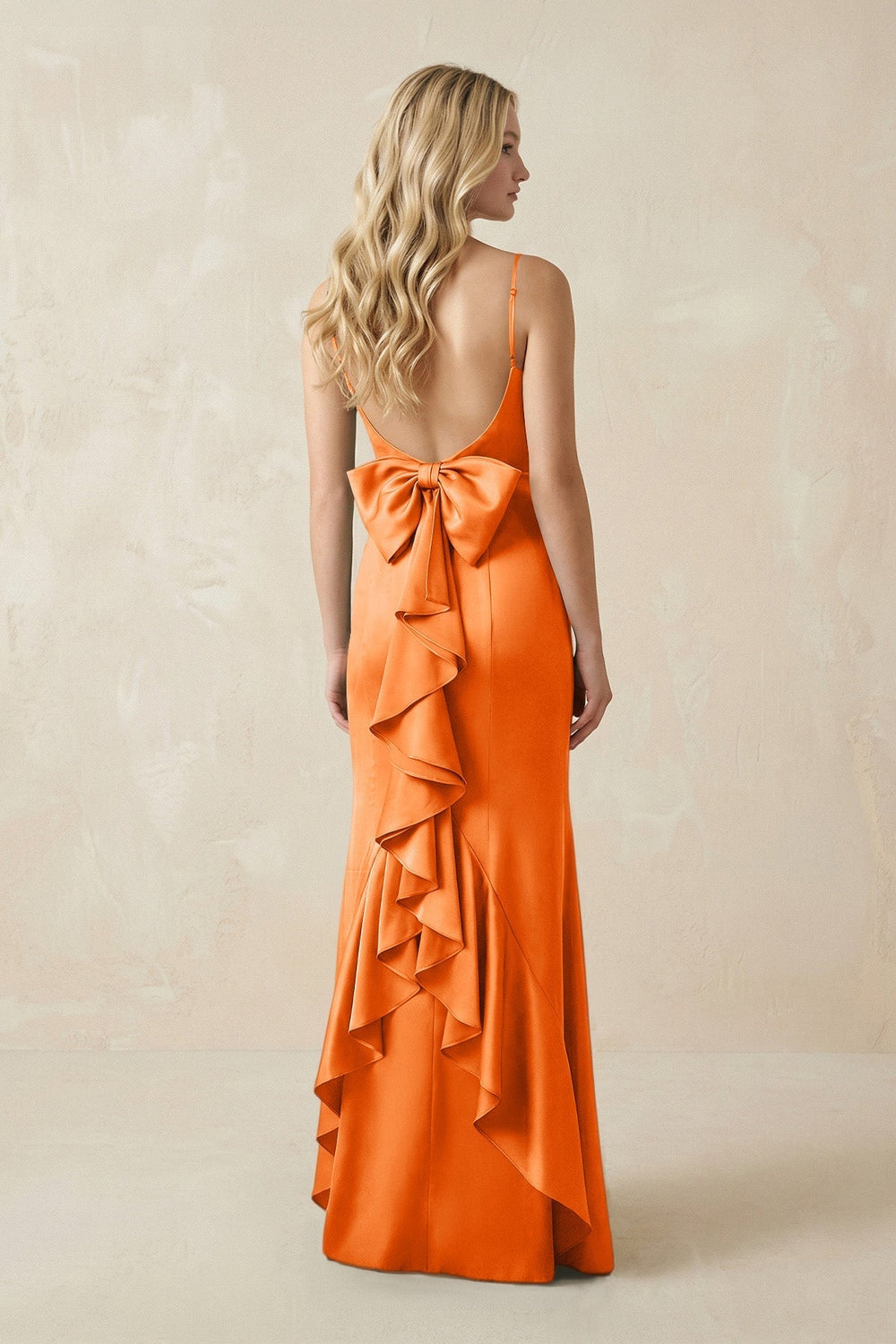 Cami Strap Ruffled Satin Bridesmaid Dress With Bow in Orange