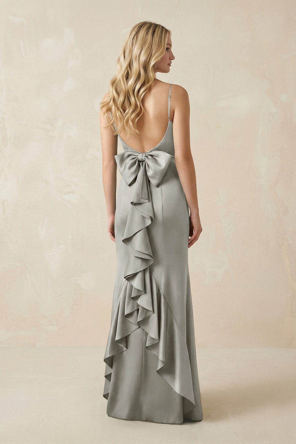 Cami Strap Ruffled Satin Bridesmaid Dress With Bow in Silver