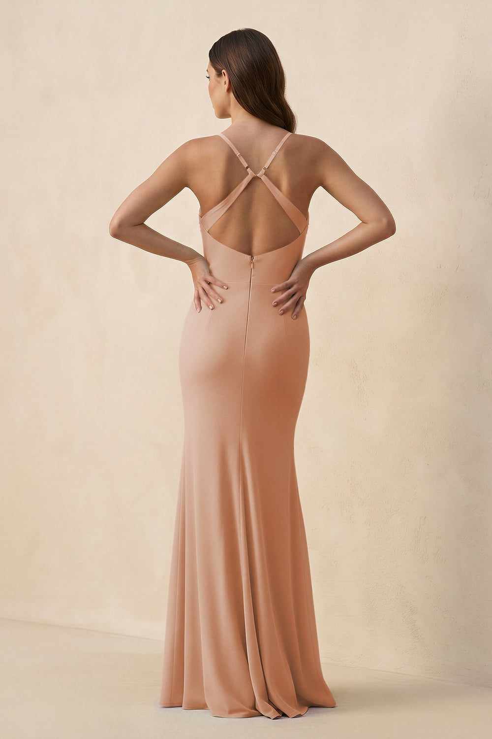 Cami Strap Sheath Chiffon Bridesmaid Dress with Slit in Champagne Rose