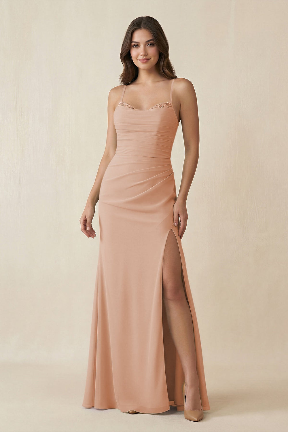 Cami Strap Sheath Chiffon Bridesmaid Dress with Slit in Champagne Rose